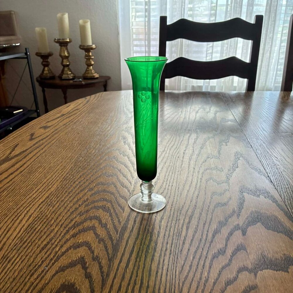 Vintage Green Glass Bud Vase with Etched Floral Design